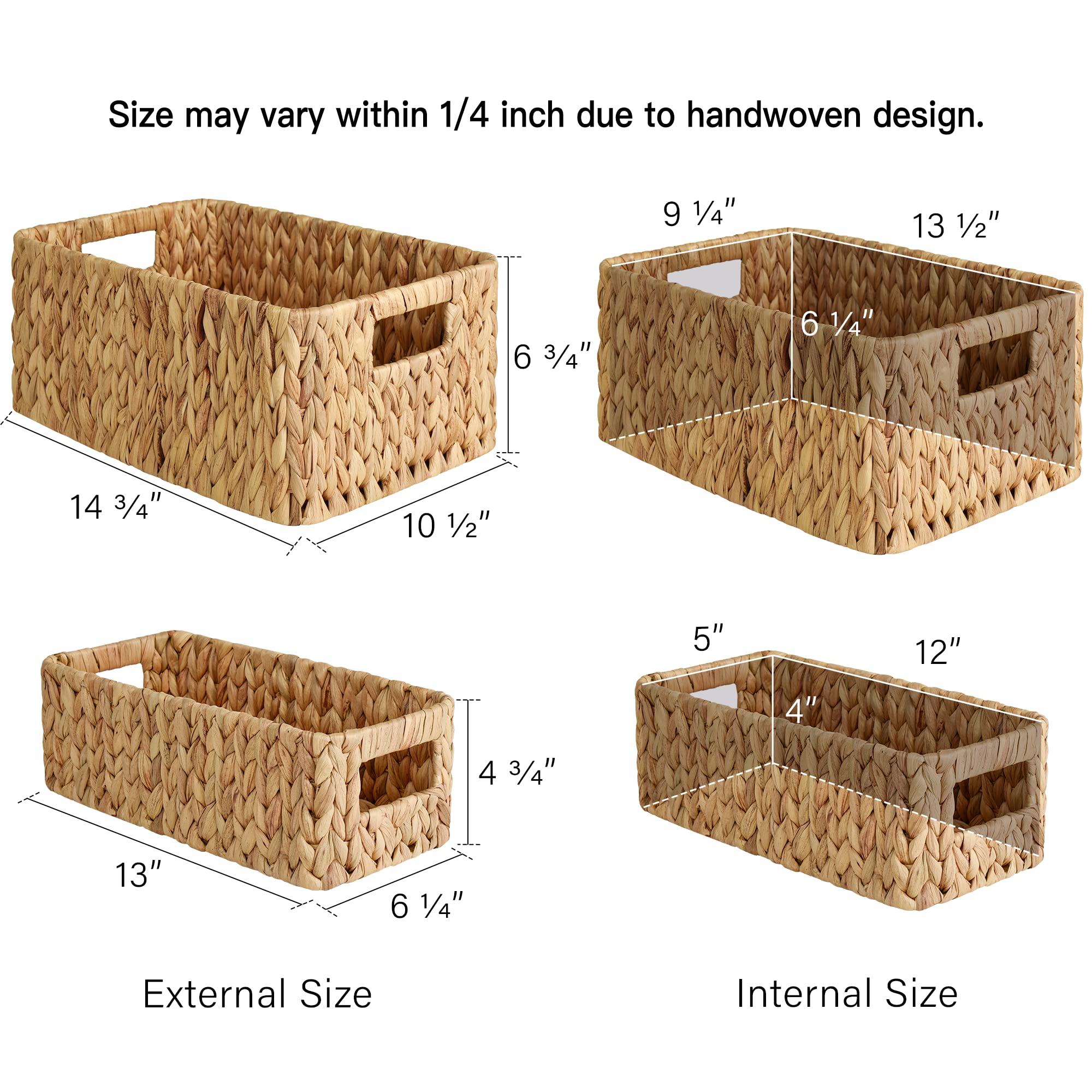 StorageWorks Water Hyacinth Storage Baskets  Square Wicker Baskets with Built-in Handles  Hand-Woven Baskets for Bedroom  Bathroom  Pantry  Shelves  Set of 3 (1PC Large  2PCS Medium)